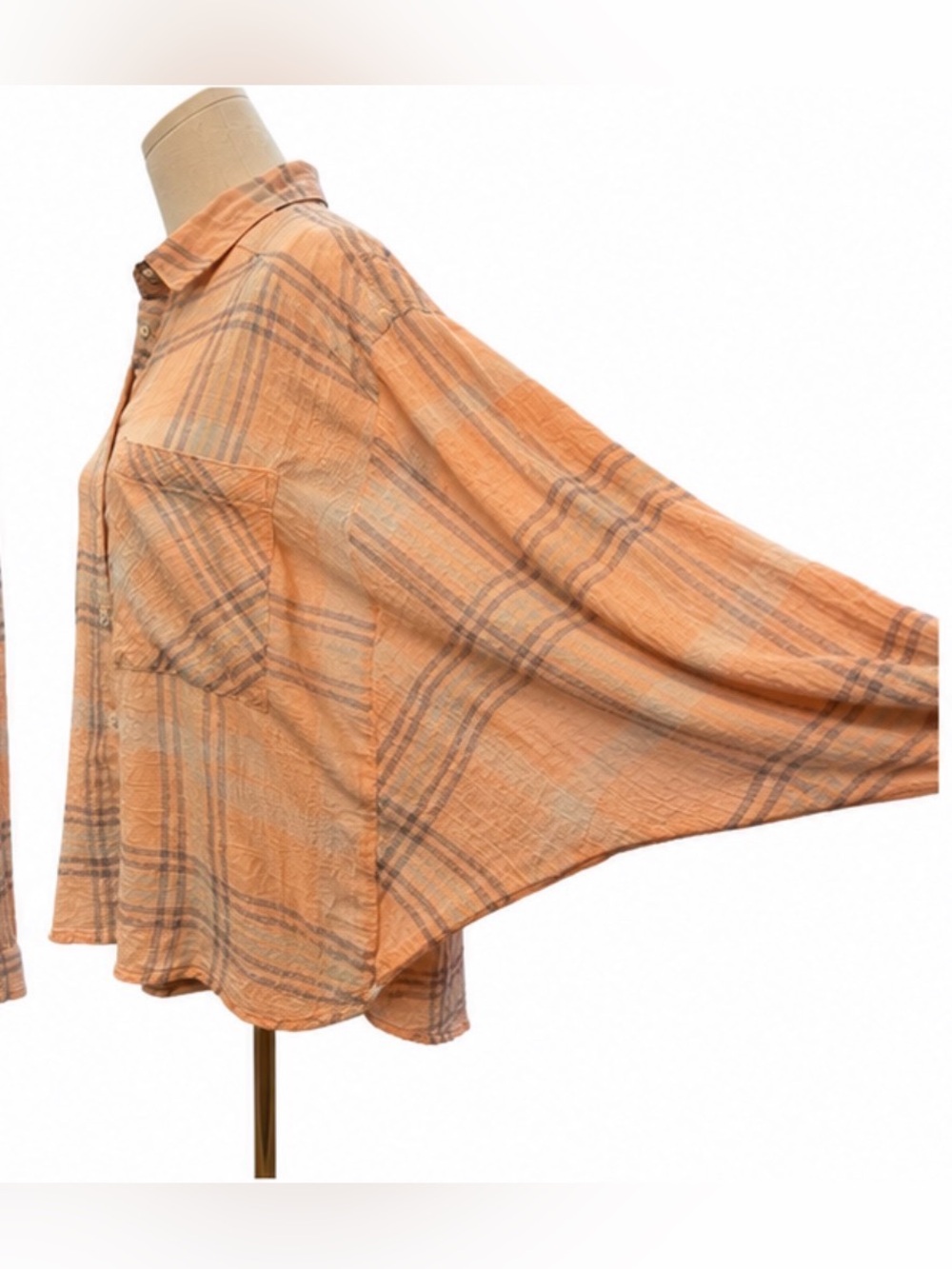 Free People Gauze Button Front Shacket Shirt Peach Gray Plaid Medium